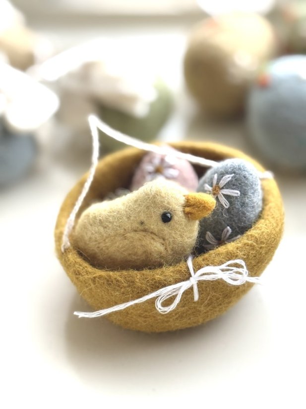 Plstěné hnízdo s ptáčkem