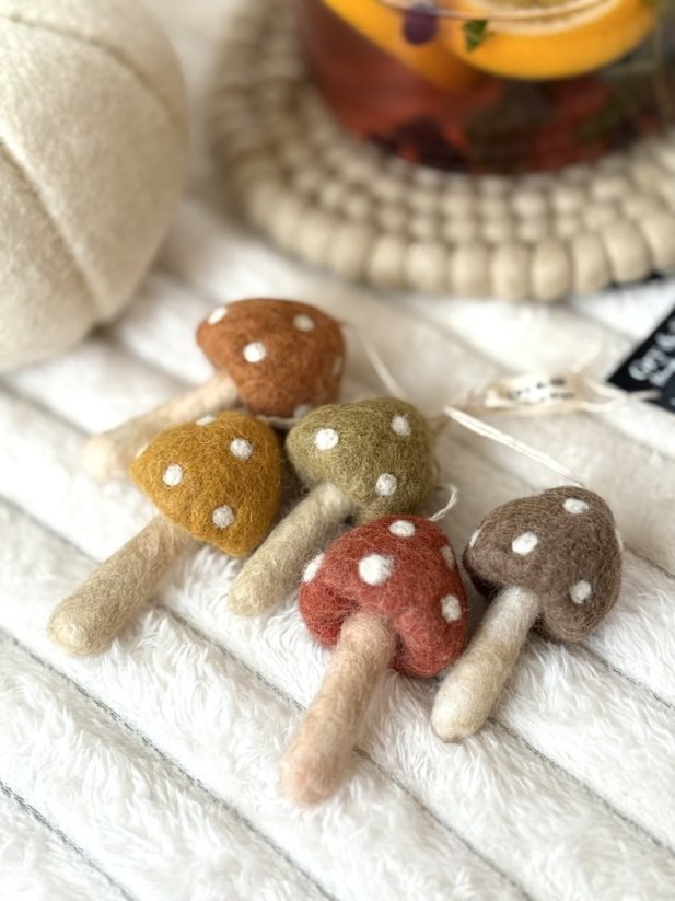 Závěsné plstěné muchomůrky pastelové, sada 5ks